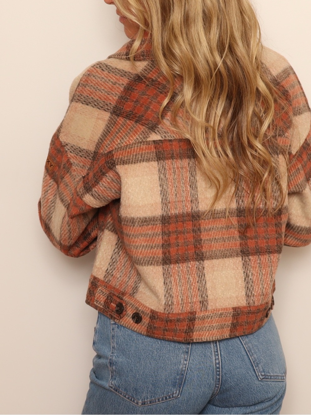 Roxy Wool Blend Red Cream Plaid Cropped Utility Jacket - Picture 3 of 13